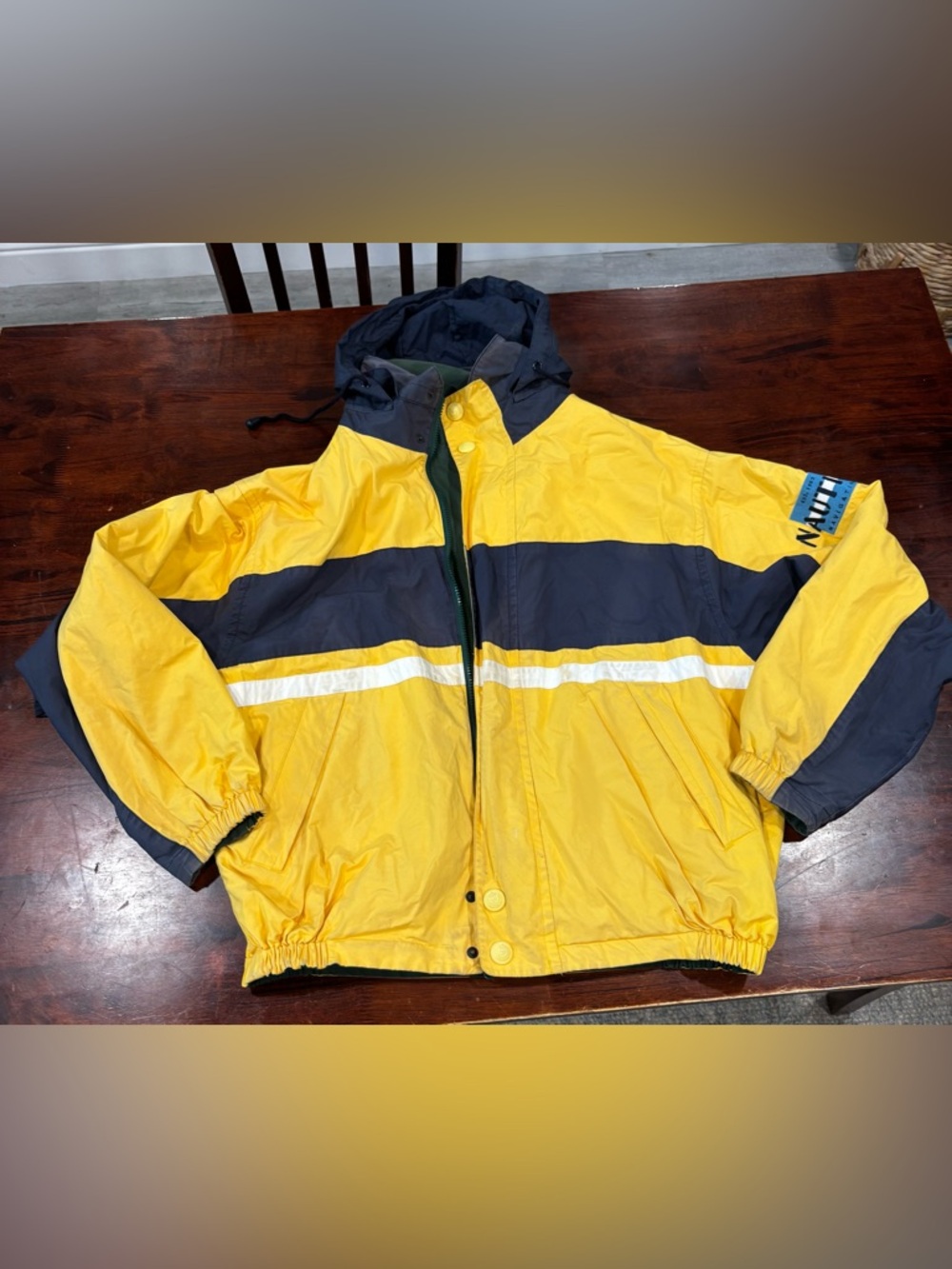 Vintage Nautica Jacket Mens L Yellow Reversible Coat Colorblock 90s Y2K HipHop